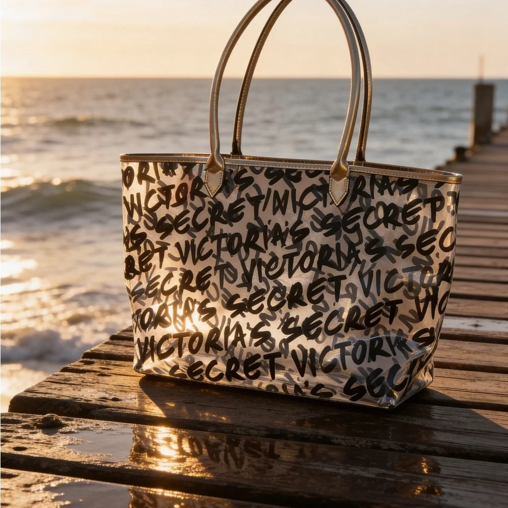 Victoria's Secret Black and Gold Script Tote